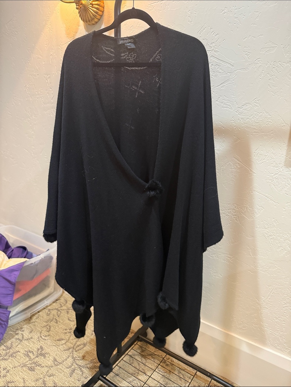 Black Pom-Pom Knit Poncho Wrap - ITALY